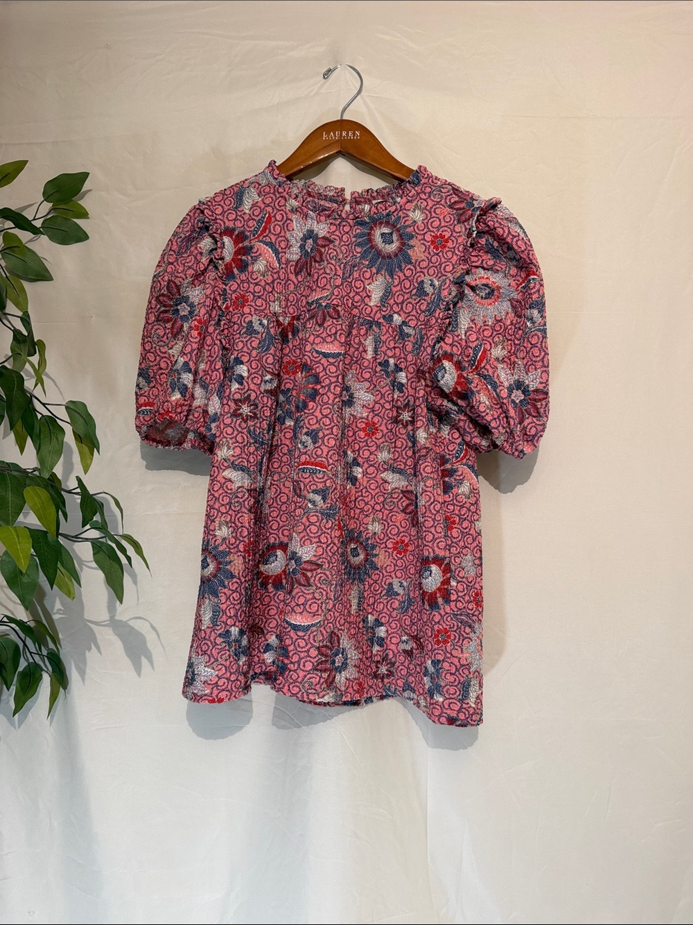 LOFT Pink Floral Puff-Sleeve Peasant Blouse